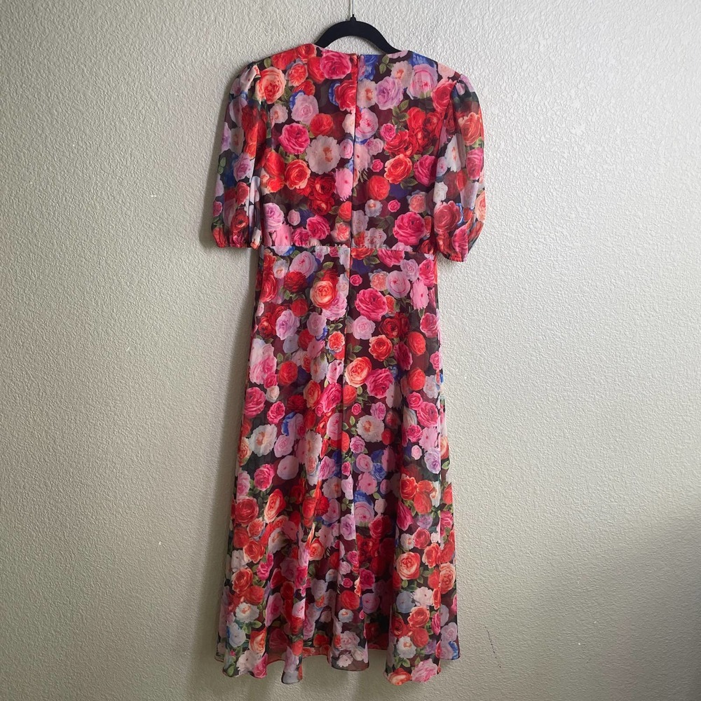 Ieena for MacDuggal 4 Puff Sleeve Shift Dress Red Floral Side Slit V Neck - Picture 8 of 9
